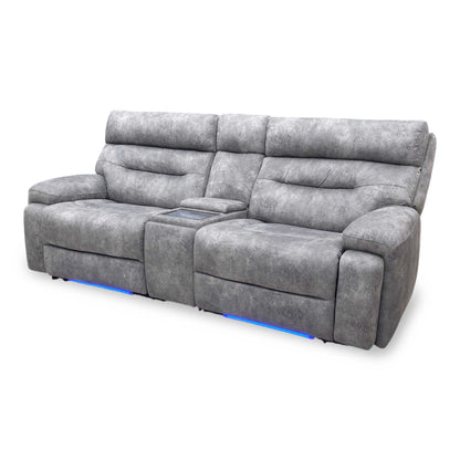 ‘Cinemax’ Marque Seal Grey Mq-0106 Fabric 3 Seater Media Console Power Recliner Sofa with Power Headrests Furniture Village