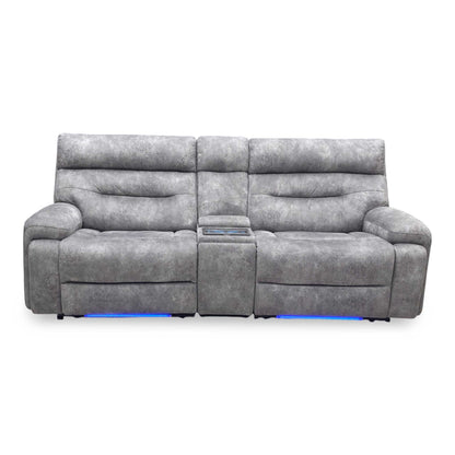 ‘Cinemax’ Marque Seal Grey Mq-0106 Fabric 3 Seater Media Console Power Recliner Sofa with Power Headrests Furniture Village