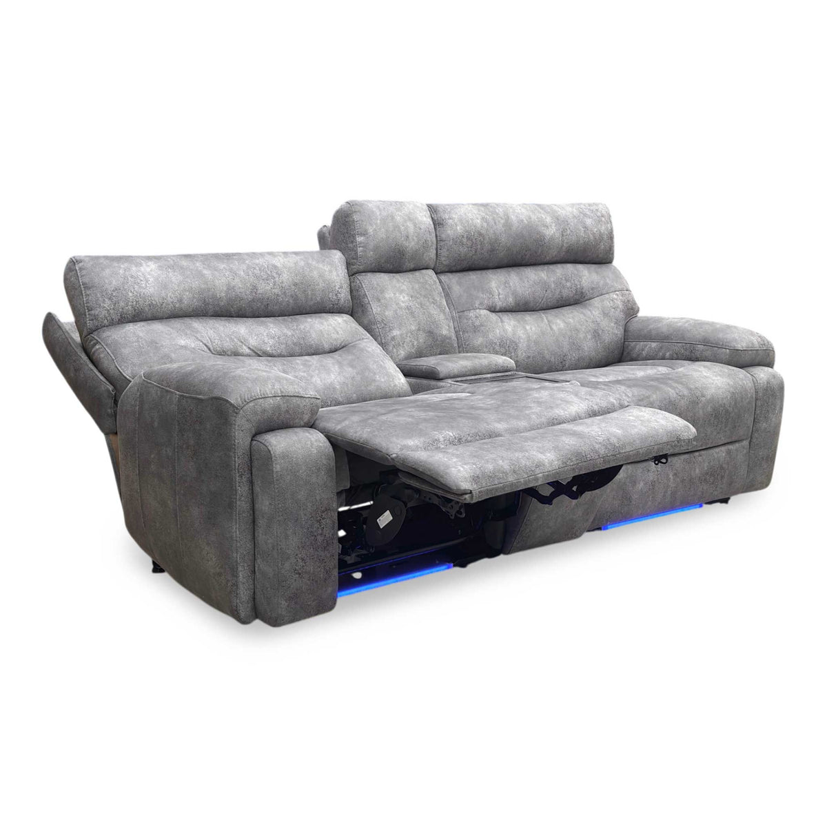 ‘Cinemax’ Marque Seal Grey Mq-0106 Fabric 3 Seater Media Console Power Recliner Sofa with Power Headrests Furniture Village