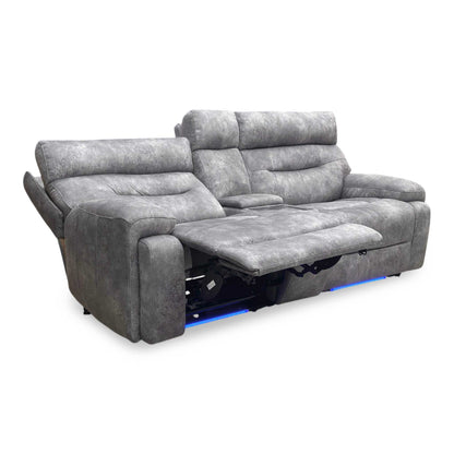 ‘Cinemax’ Marque Seal Grey Mq-0106 Fabric 3 Seater Media Console Power Recliner Sofa with Power Headrests Furniture Village
