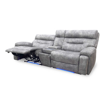 ‘Cinemax’ Marque Seal Grey Mq-0106 Fabric 3 Seater Media Console Power Recliner Sofa with Power Headrests Furniture Village