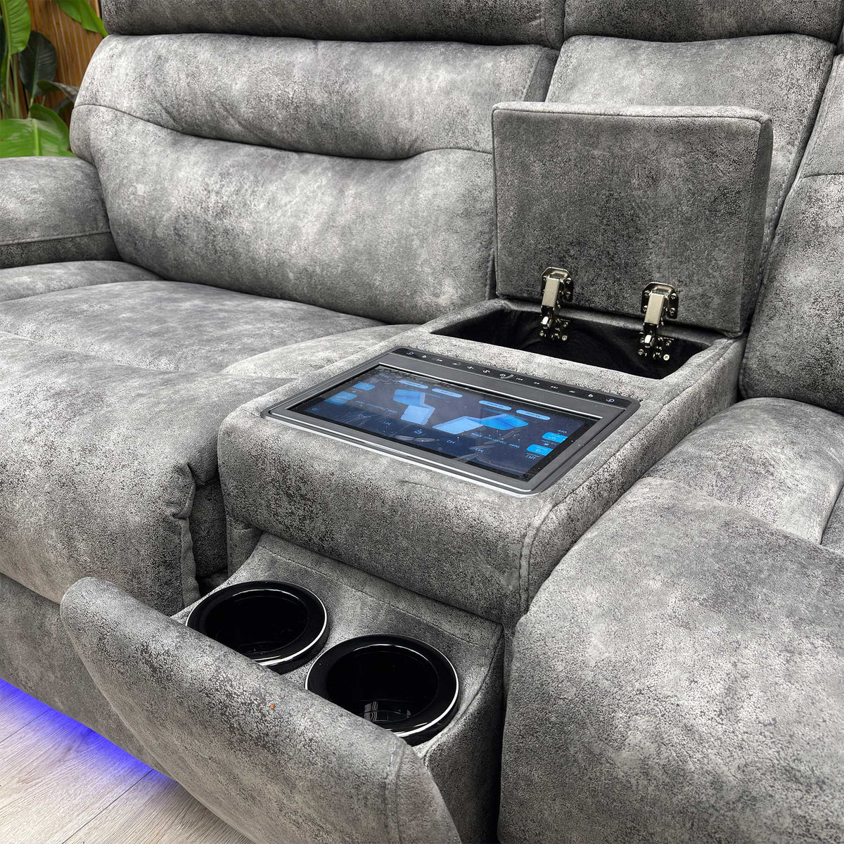 ‘Cinemax’ Marque Seal Grey Mq-0106 Fabric 3 Seater Media Console Power Recliner Sofa with Power Headrests Furniture Village