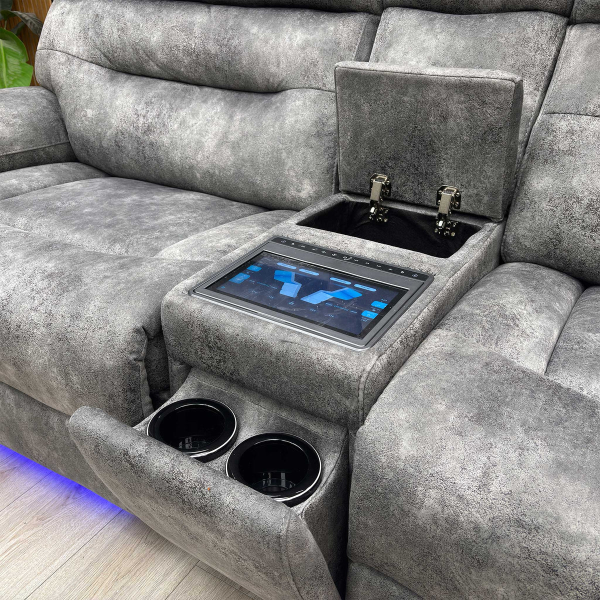 ‘Cinemax’ Marque Seal Grey Mq-0106 Fabric 3 Seater Media Console Power Recliner Sofa with Power Headrests Furniture Village