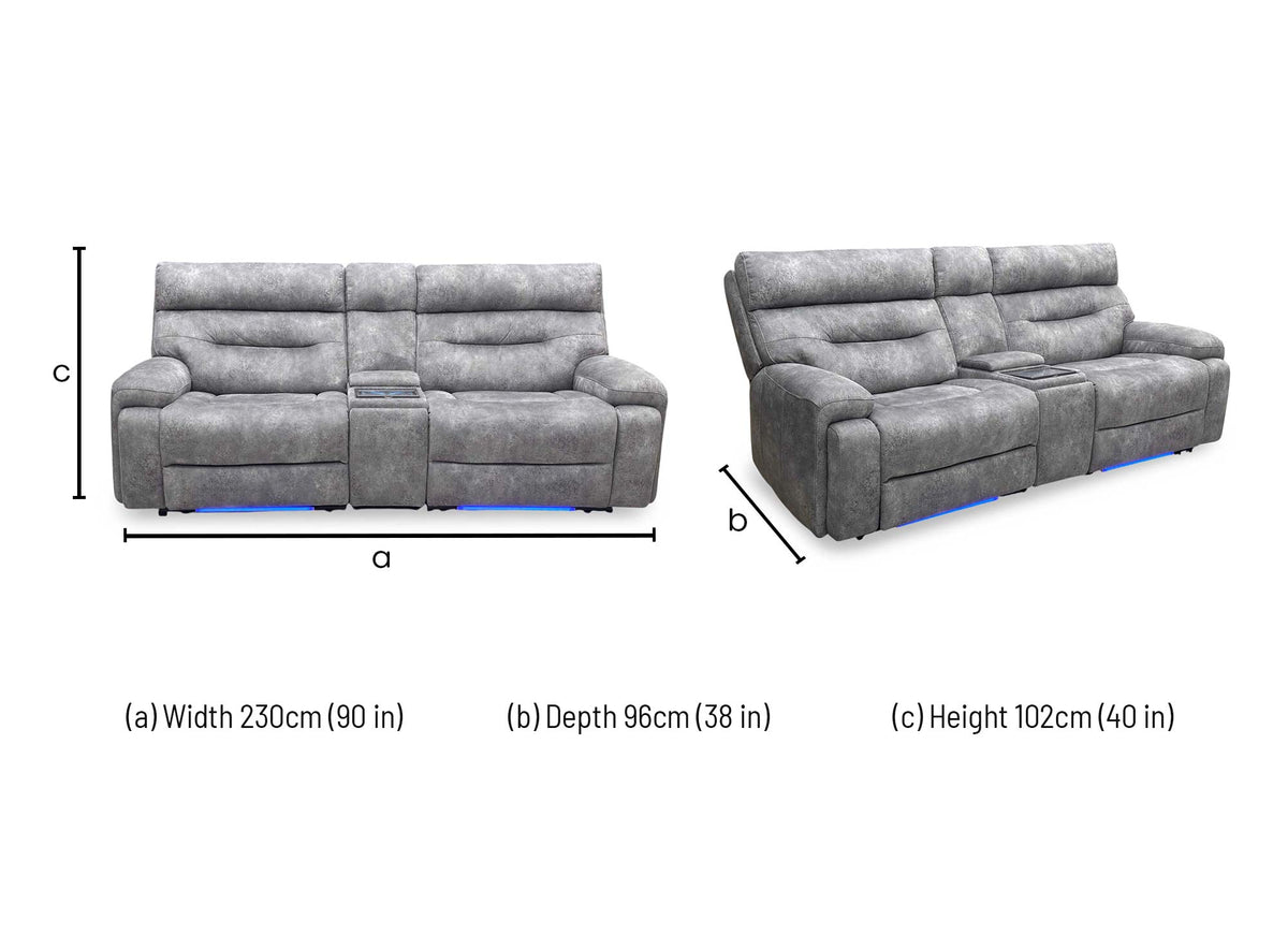 ‘Cinemax’ Marque Seal Grey Mq-0106 Fabric 3 Seater Media Console Power Recliner Sofa with Power Headrests Furniture Village