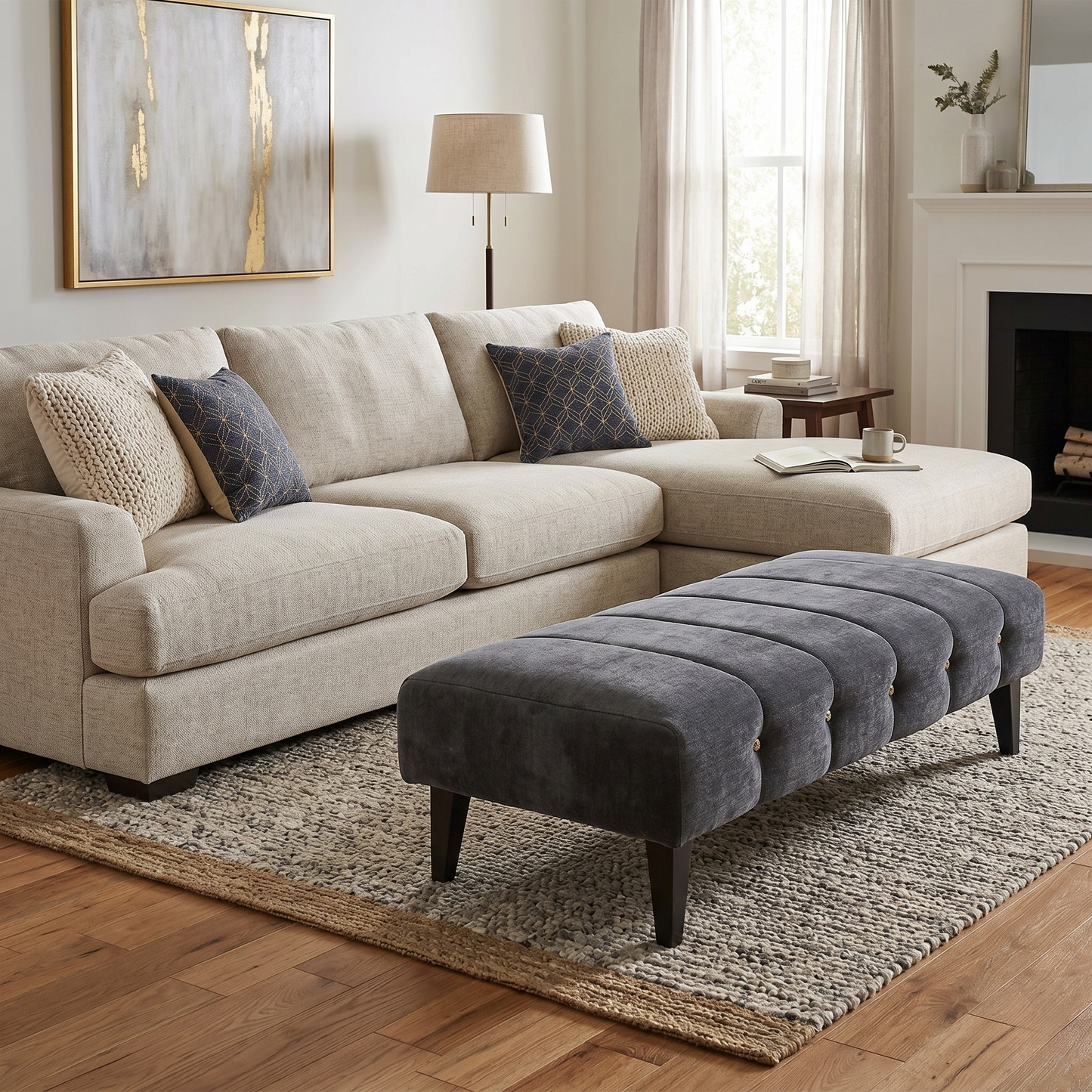 ‘Sumptuous’ Chamonix Anthracite Dk:Gold Fabric Large Bench Footstool