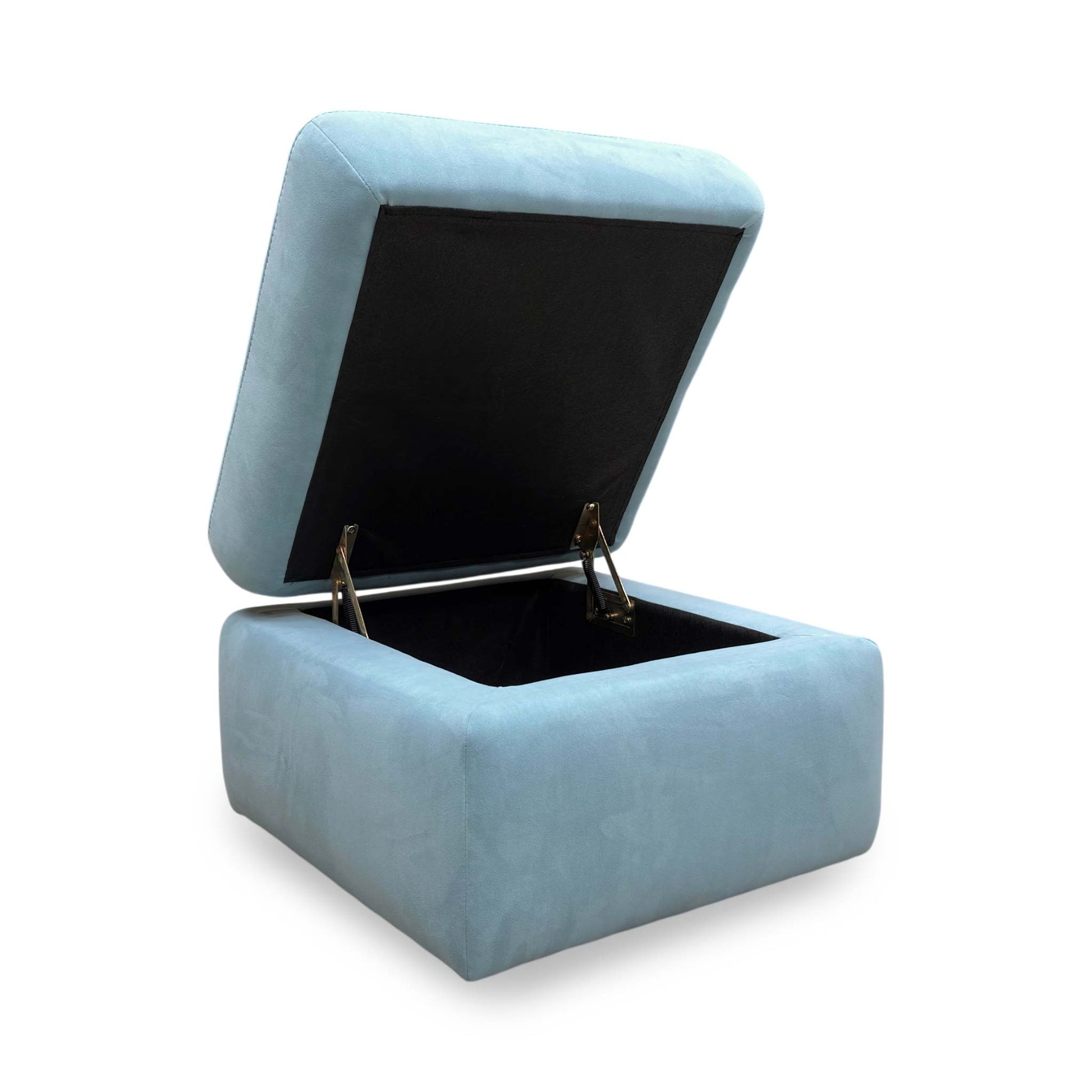 Side profile of the footstool, highlighting the thick padded top and the consistent velvet upholstery across all panels.