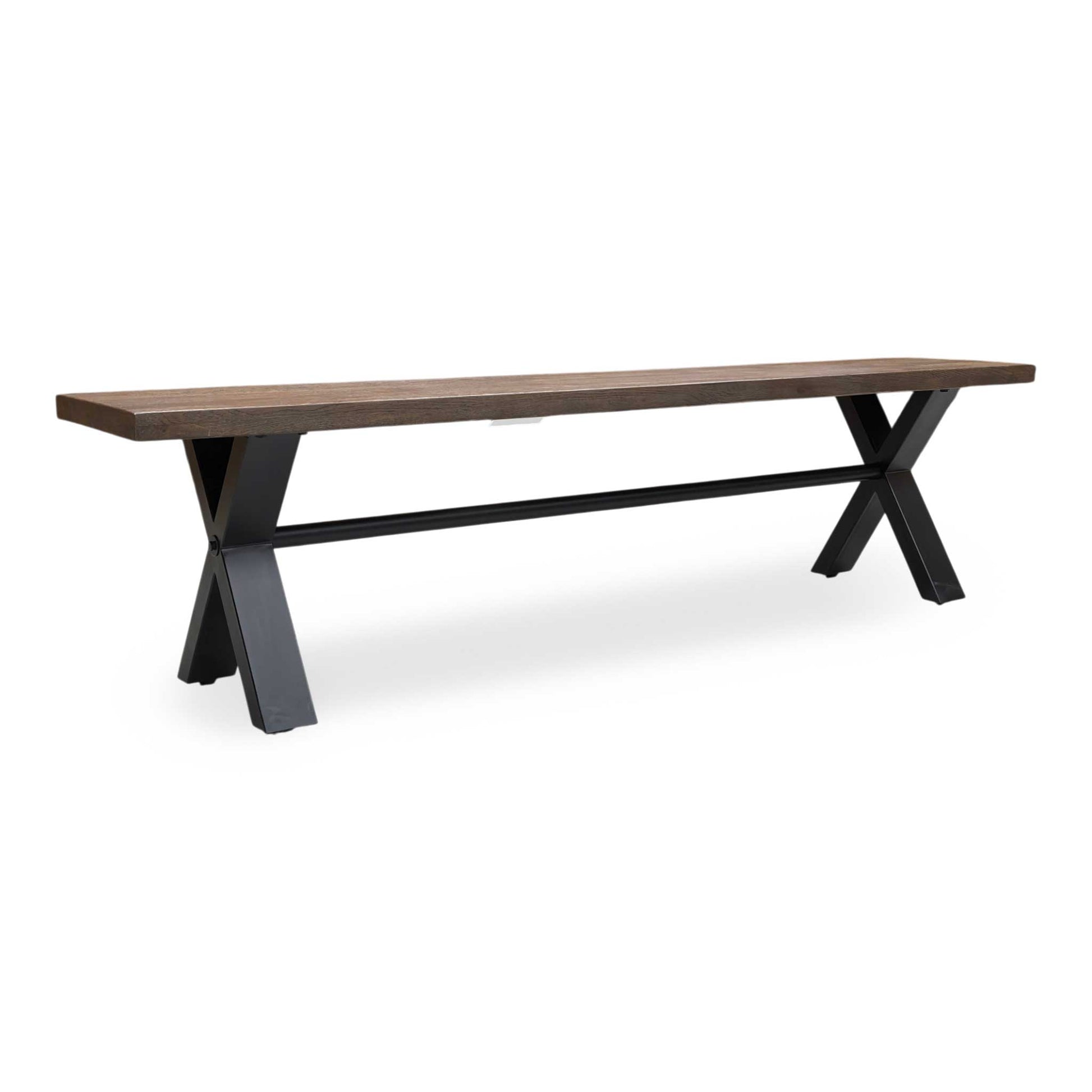 Full view of a large Mars dining bench featuring a thick 180cm dark oak wood top and industrial black metal U-shaped legs.