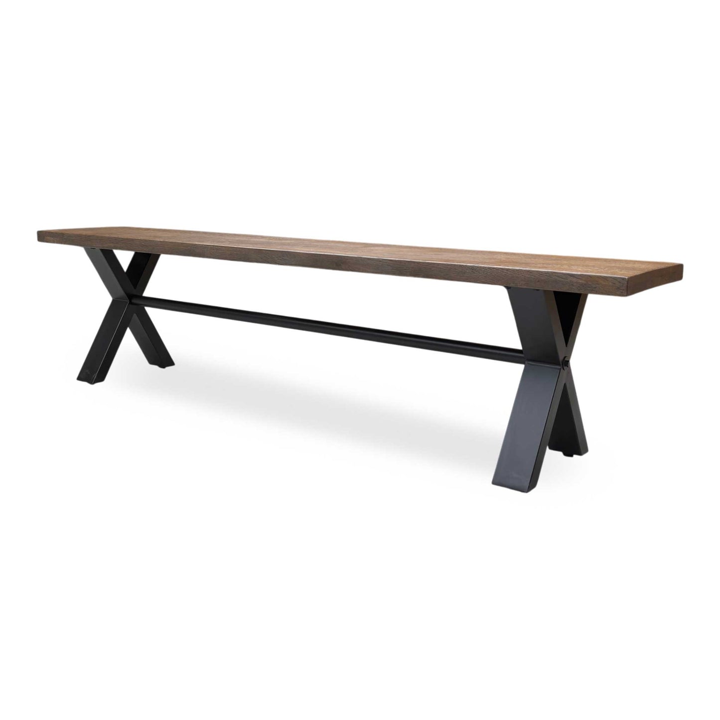 Rear perspective of the Mars dining bench, illustrating the consistent wood finish and the uniform black powder-coated legs.