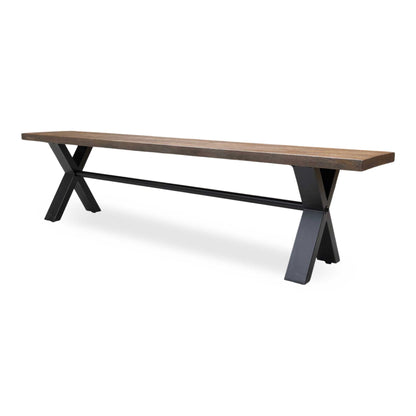 Rear perspective of the Mars dining bench, illustrating the consistent wood finish and the uniform black powder-coated legs.