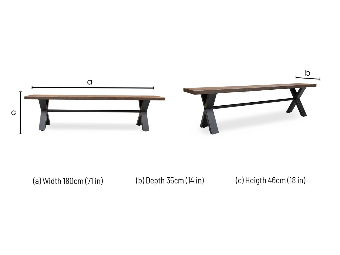 Dimensions diagram for the Mars dining bench.