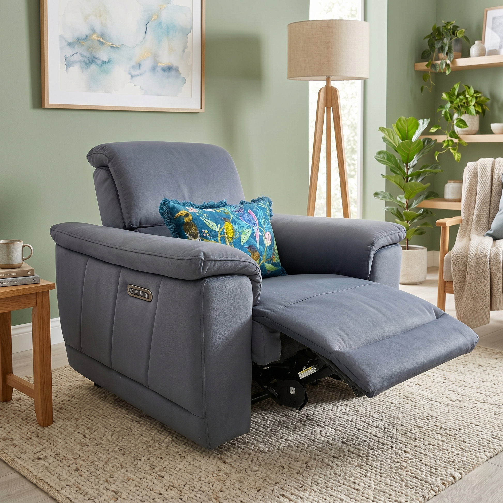 Living  room of the Bella chair, highlighting the plush padded armrests and the textured Iron Grey velvet upholstery.