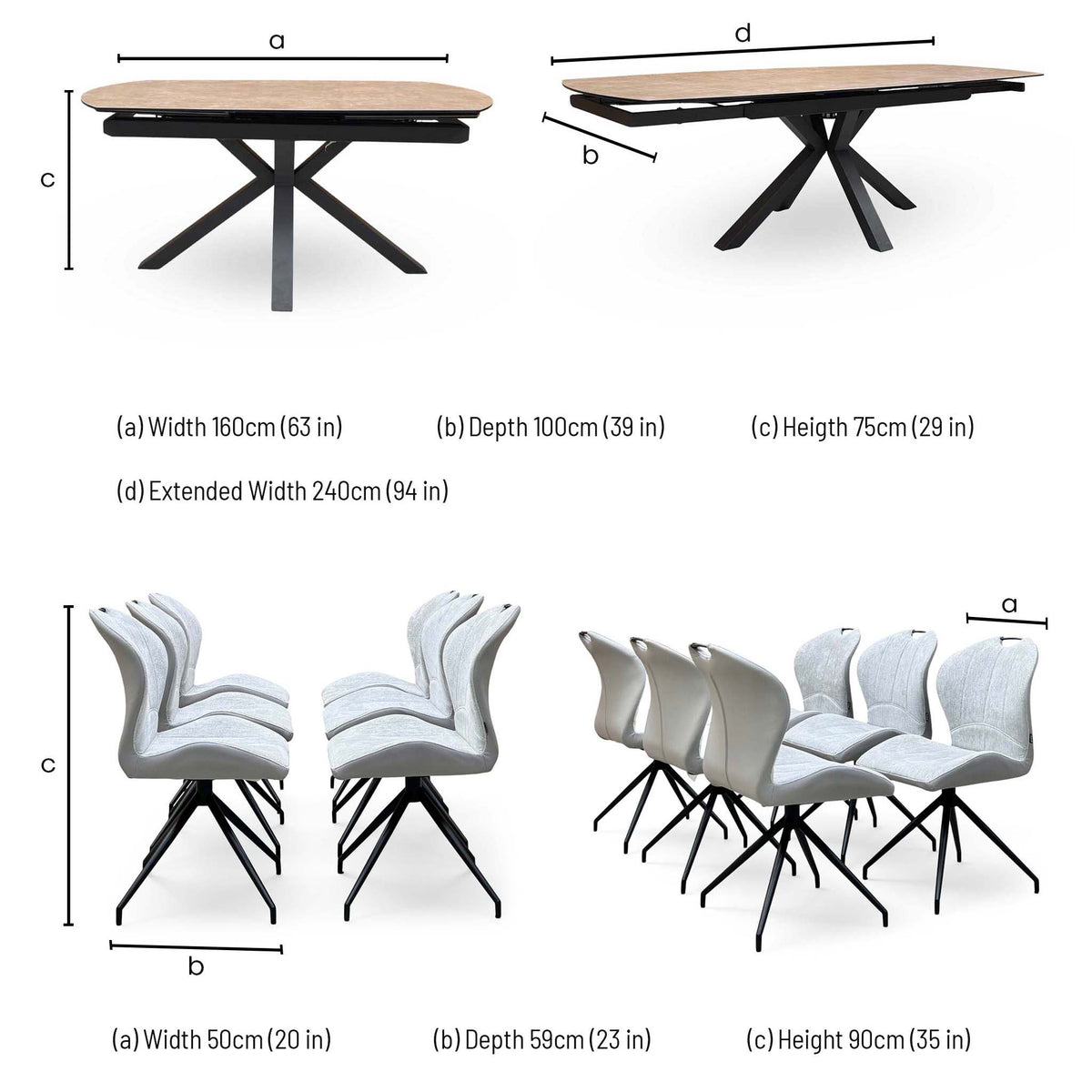 Raul dining table dimensions: width 160cm, extended 240cm, depth 100cm, height 75cm; chair 50 x 59 x 90cm