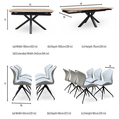 Raul dining table dimensions: width 160cm, extended 240cm, depth 100cm, height 75cm; chair 50 x 59 x 90cm