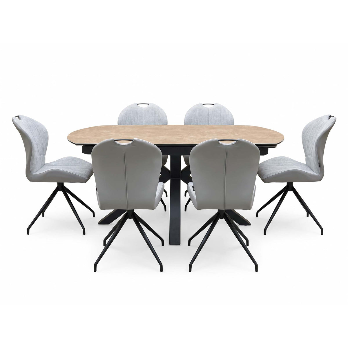 Raul 160cm ceramic dining table unextended, straight on, with stone grey swivel chairs at the sides and ends