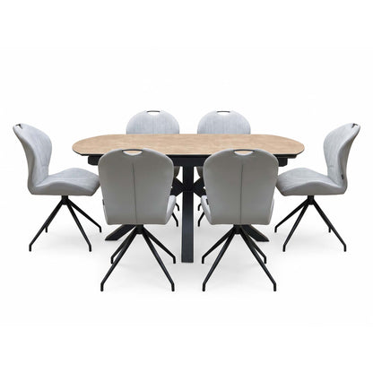 Raul 160cm ceramic dining table unextended, straight on, with stone grey swivel chairs at the sides and ends