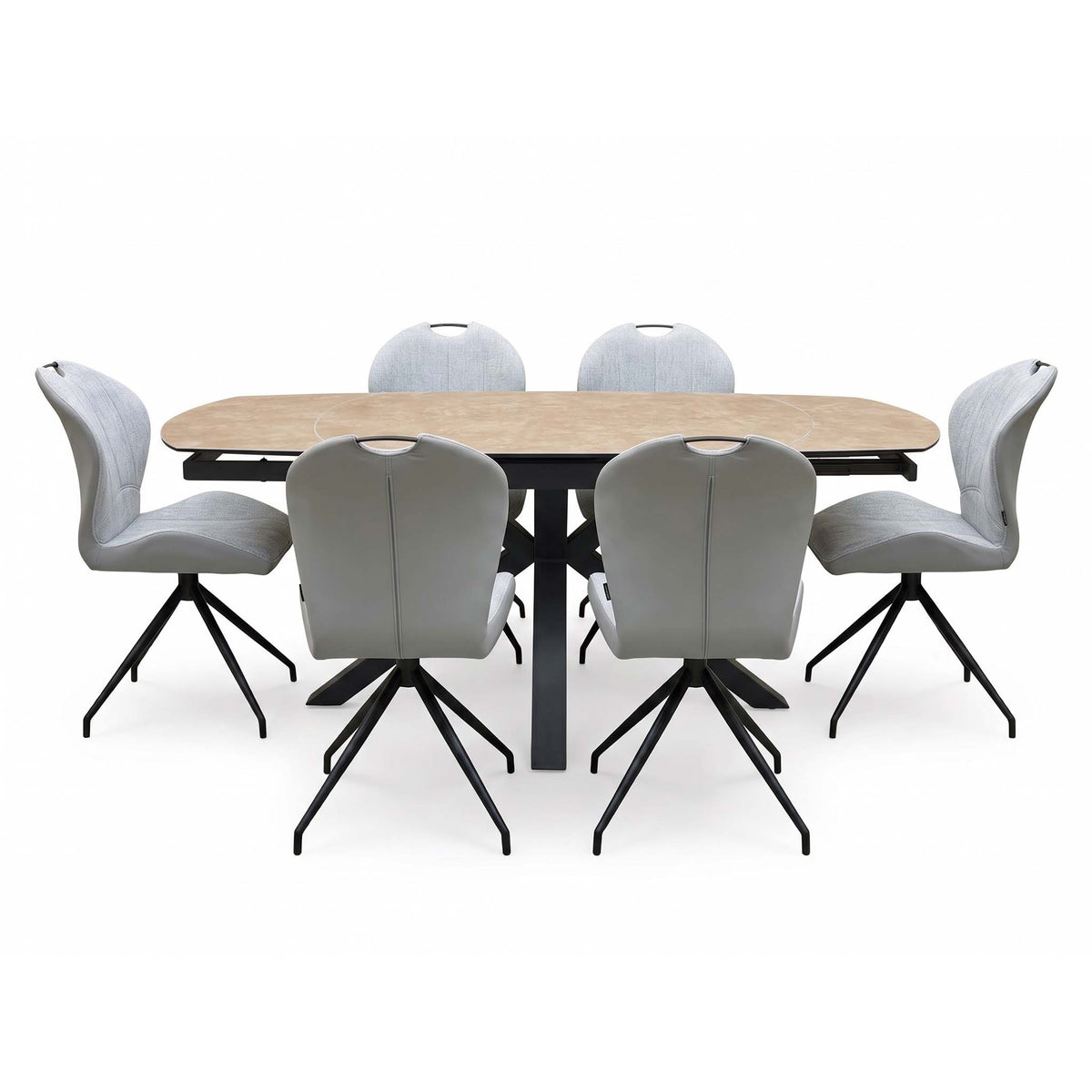 Front view of the Raul ceramic top dining table closed to 160cm with six stone grey fabric swivel chairs
