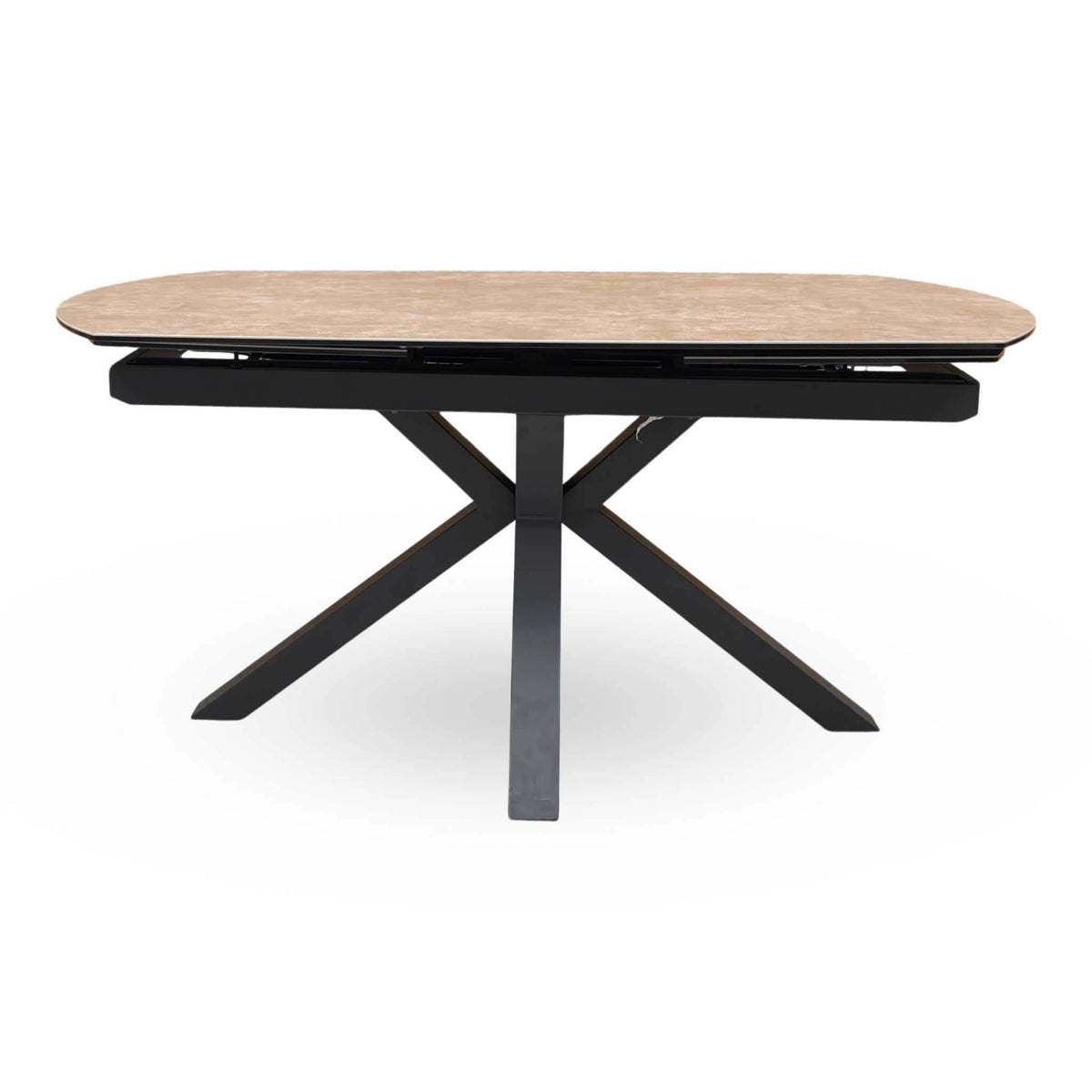 Front view of the Raul argile grey ceramic top 160cm dining table on its own with black metal star base