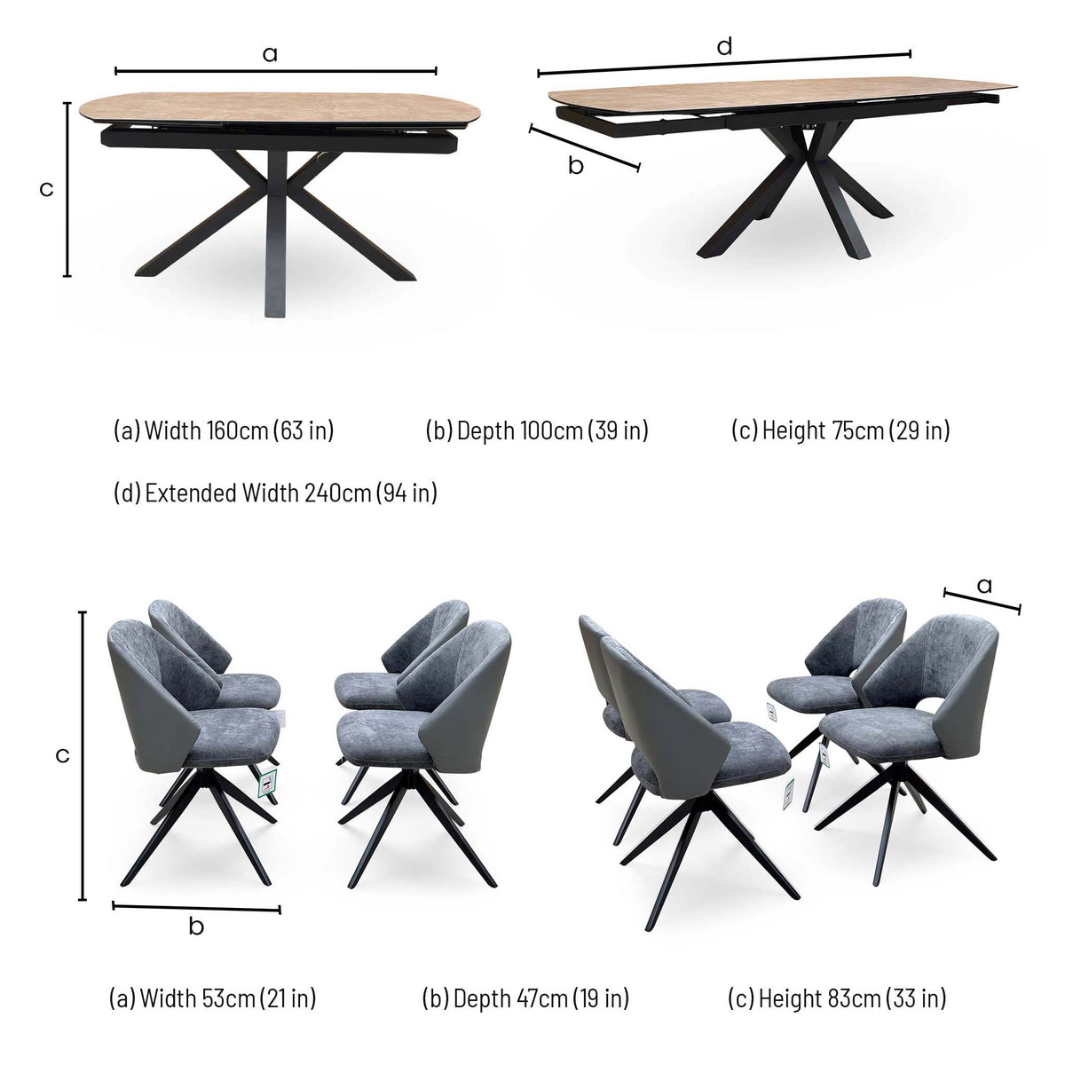 'Raul' Argile Grey Ceramic Top 160cm Swivel Extending Dining Table with G6 Anthracite Faux Leather Chairs X 4