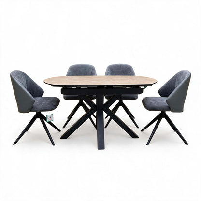 'Raul' Argile Grey Ceramic Top 160cm Swivel Extending Dining Table with G6 Anthracite Faux Leather Chairs X 4