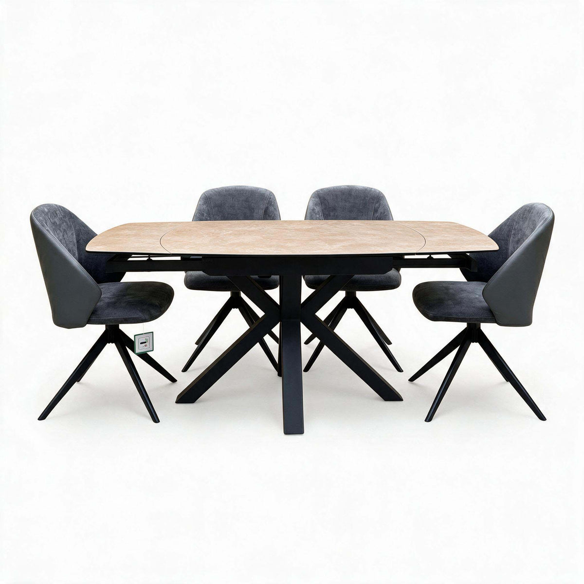 'Raul' Argile Grey Ceramic Top 160cm Swivel Extending Dining Table with G6 Anthracite Faux Leather Chairs X 4