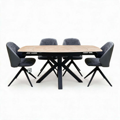 'Raul' Argile Grey Ceramic Top 160cm Swivel Extending Dining Table with G6 Anthracite Faux Leather Chairs X 4