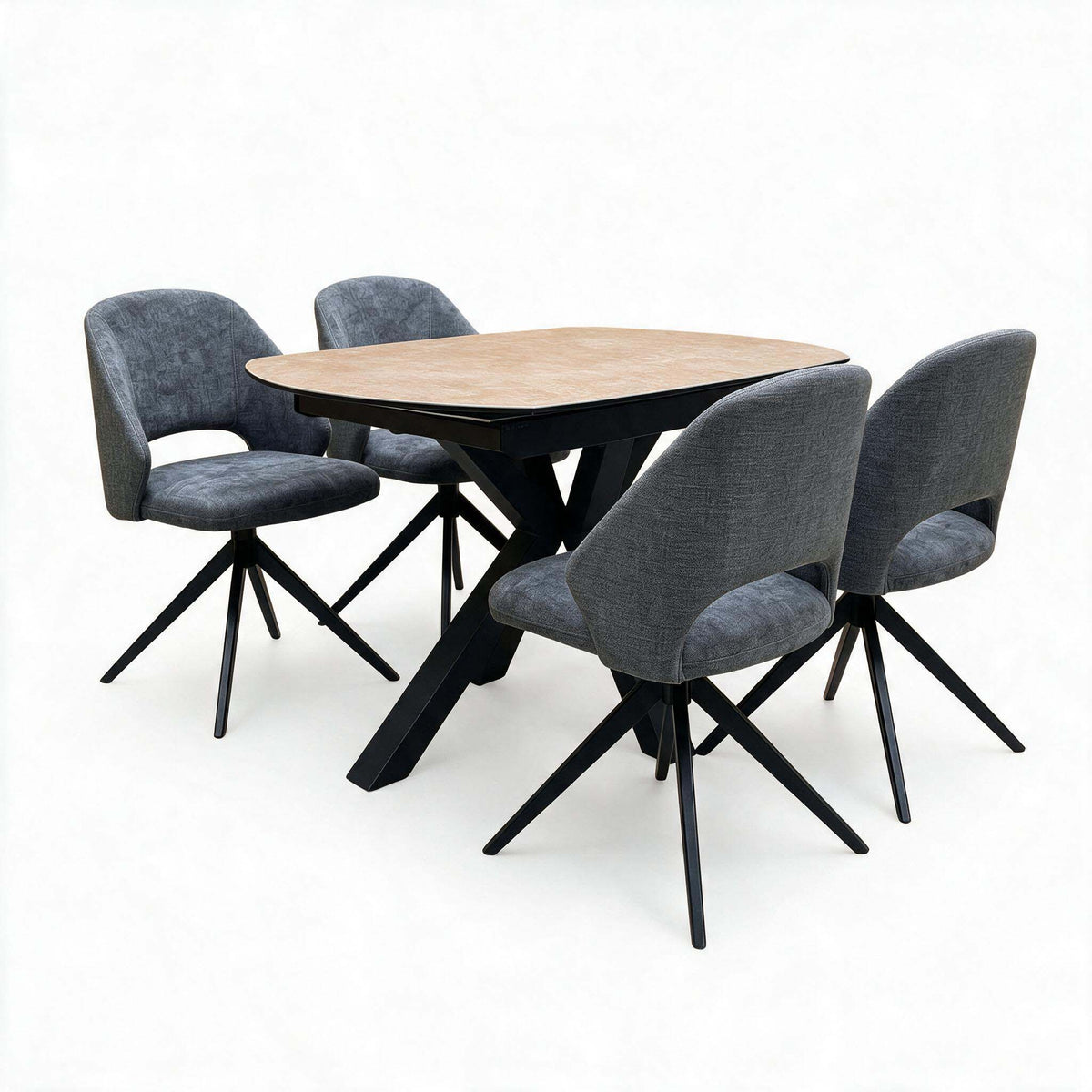 'Raul' Argile Grey Ceramic Top 160cm Swivel Extending Dining Table with G6 Anthracite Faux Leather Chairs X 4