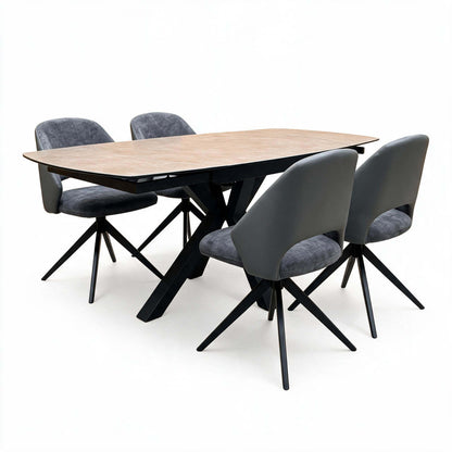'Raul' Argile Grey Ceramic Top 160cm Swivel Extending Dining Table with G6 Anthracite Faux Leather Chairs X 4