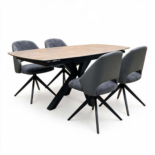 'Raul' Argile Grey Ceramic Top 160cm Swivel Extending Dining Table with G6 Anthracite Faux Leather Chairs X 4
