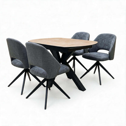 'Raul' Argile Grey Ceramic Top 160cm Swivel Extending Dining Table with G6 Anthracite Faux Leather Chairs X 4