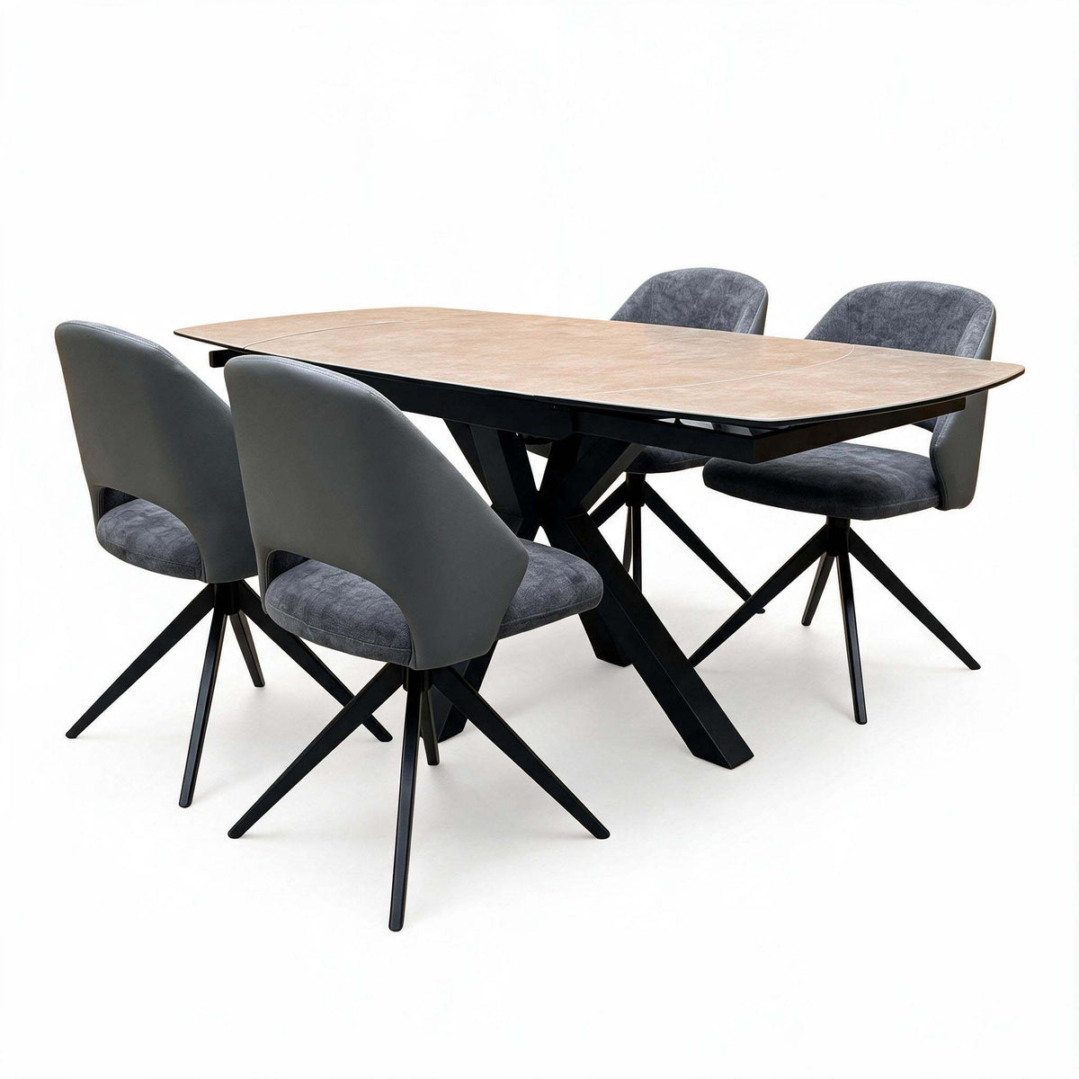 'Raul' Argile Grey Ceramic Top 160cm Swivel Extending Dining Table with G6 Anthracite Faux Leather Chairs X 4
