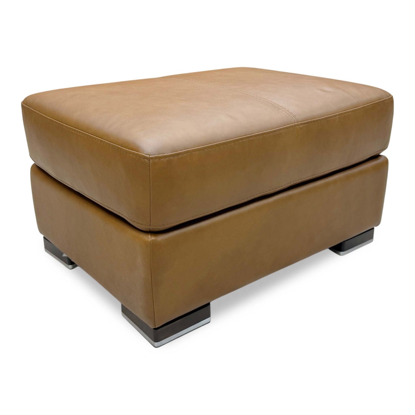 Full view of the Bark Brown leather footstool, showcasing the uniform color and low-profile modern aesthetic.
