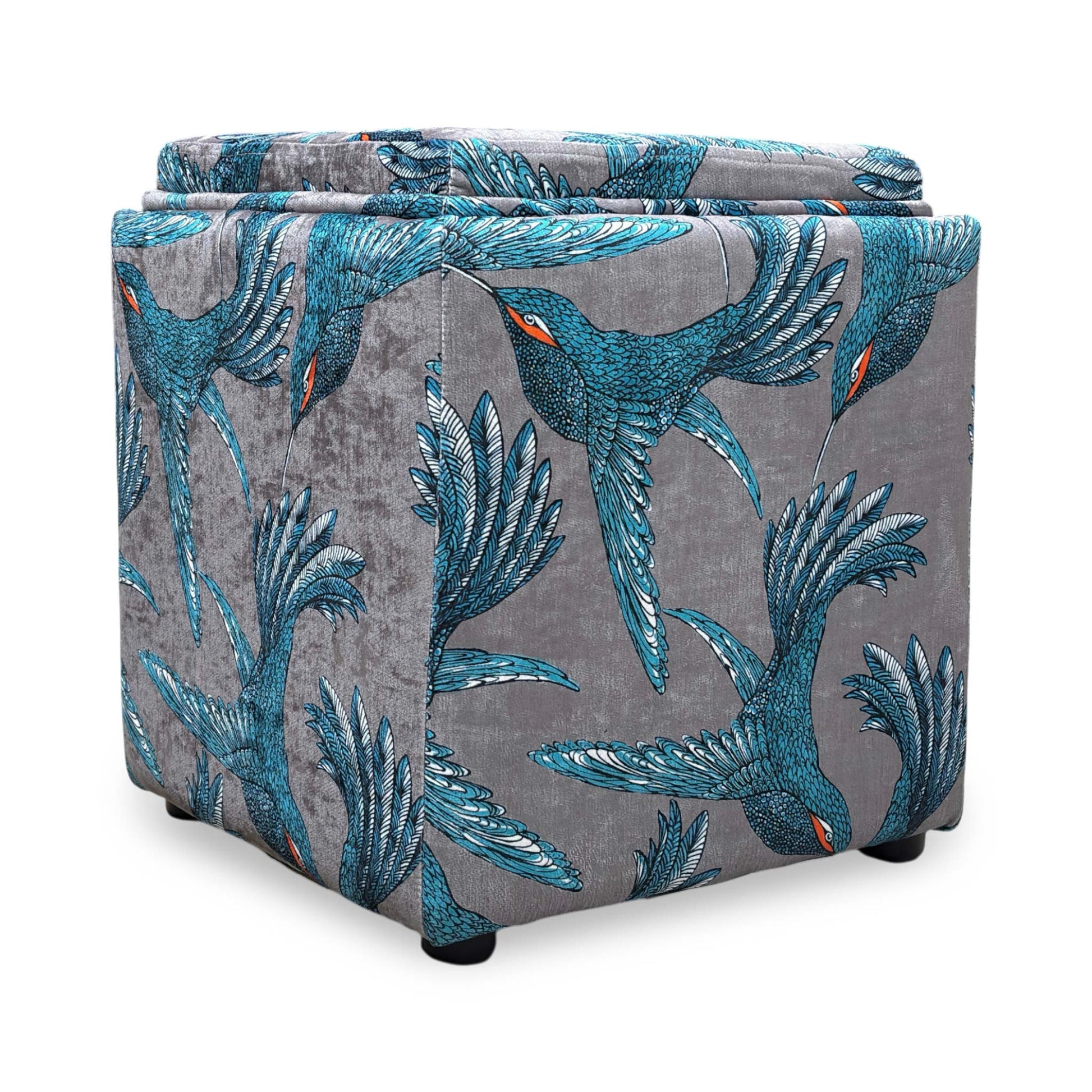 Rear perspective of the footstool, demonstrating the seamless finish of the patterned fabric on all sides.
