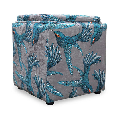 Rear perspective of the footstool, demonstrating the seamless finish of the patterned fabric on all sides.
