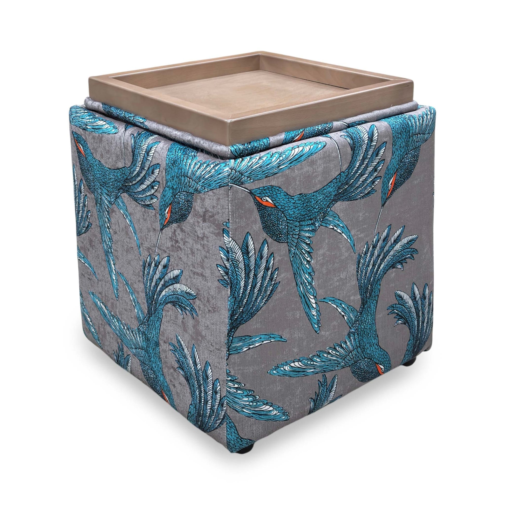 Side profile of the cube footstool, emphasizing the consistent pattern alignment and the clean edges of the upholstery.