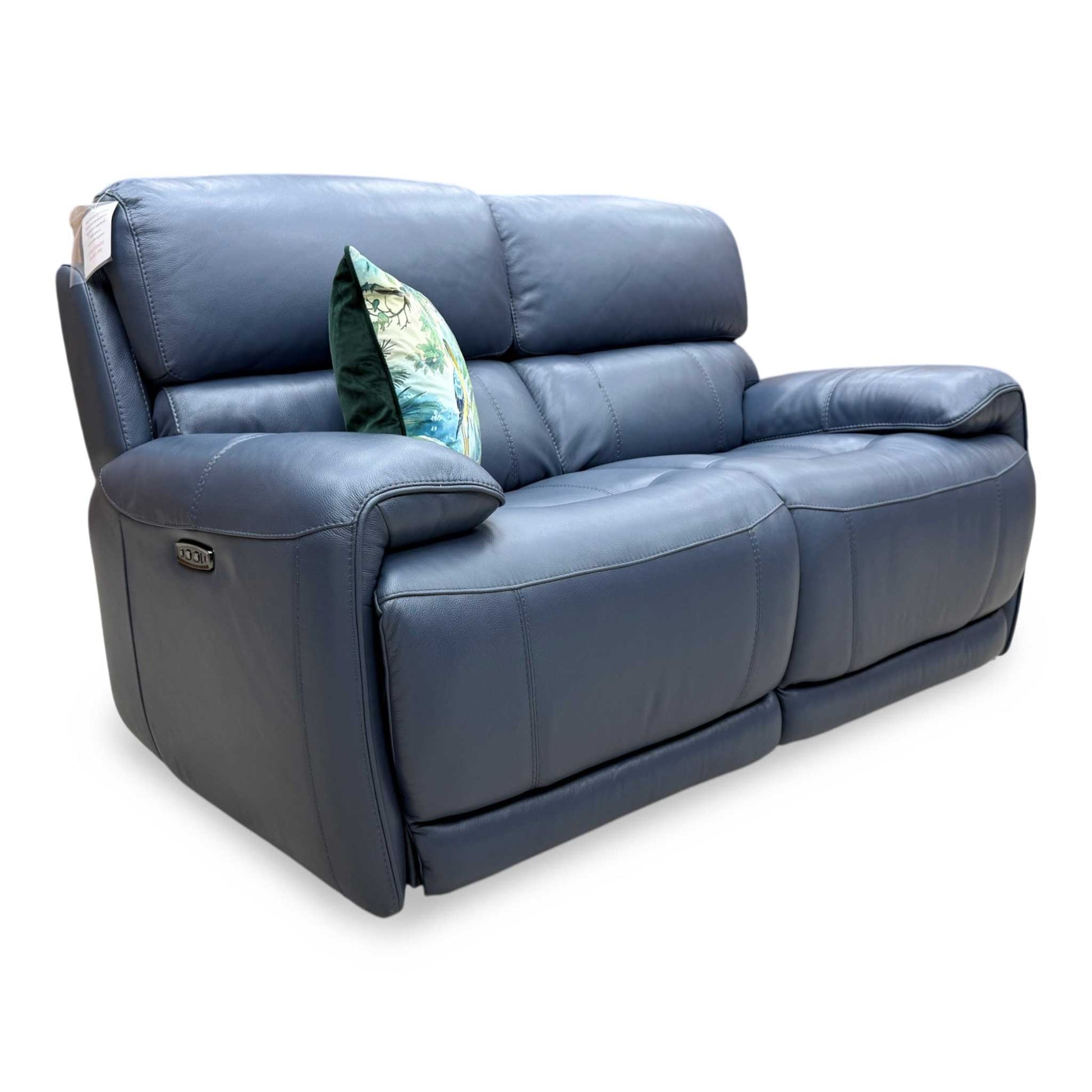 Rear perspective of the Rocco sofa, showing the neatly finished leather back panels and solid construction of the rocking base.