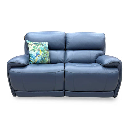 Front view of the World of Leather 'Rocco' 2-seater power rocker sofa in Ocean Blue leather with a contemporary high-back design.