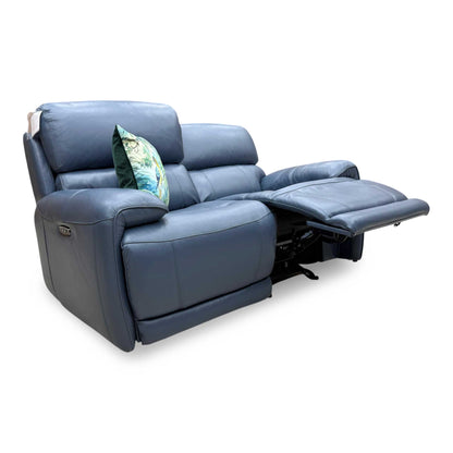 Full view of the World of Leather 'Rocco' 2-seater power rocker sofa in Ocean Blue leather with a contemporary high-back design.