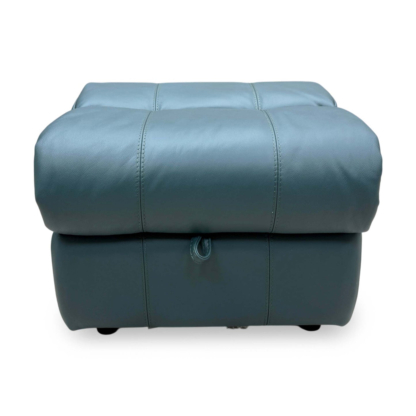 Front view of the Lake Green leather footstool, showcasing the rich color and modern, low-profile aesthetic.