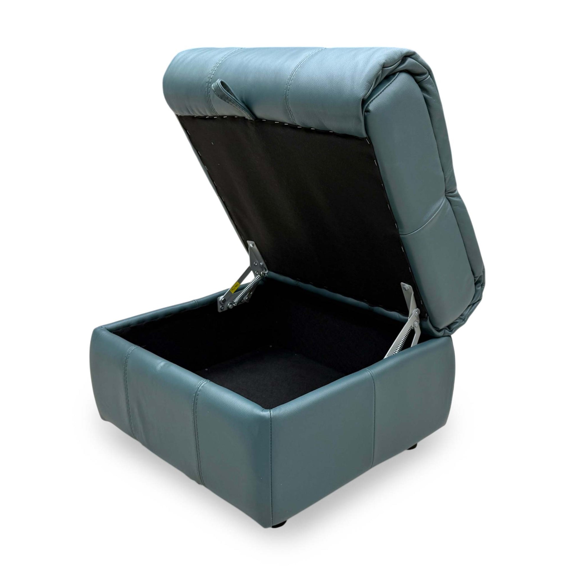 Side profile of the footstool, emphasizing the thick padded top and the consistent leather upholstery across all panels.