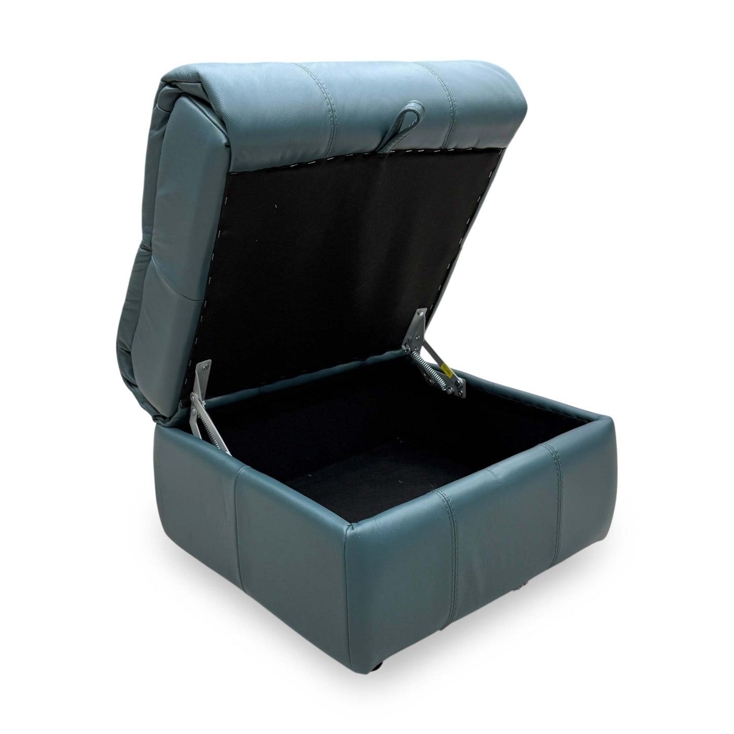 Rear perspective of the footstool, demonstrating the seamless leather finish and sturdy construction of the back panel.