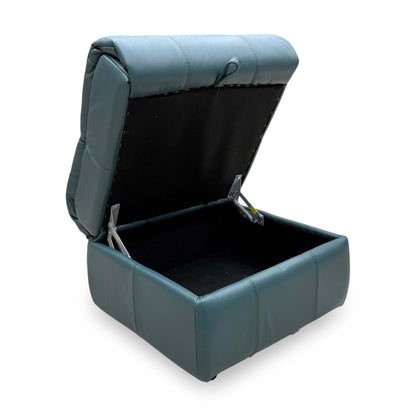 Rear perspective of the footstool, demonstrating the seamless leather finish and sturdy construction of the back panel.