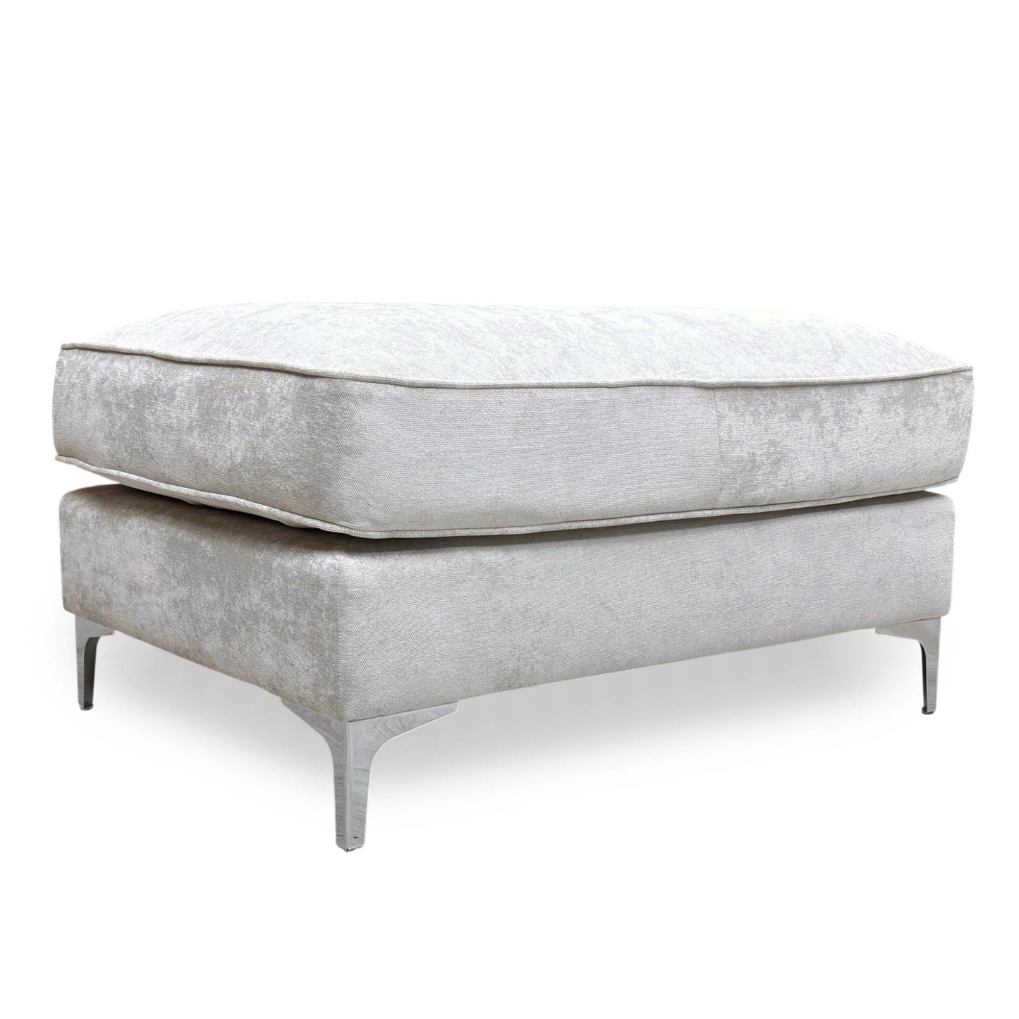 Full view of a rectangular Legend 'Kingston' footstool upholstered in silver fabric, featuring a deeply buttoned tufted top and dark wooden legs.
