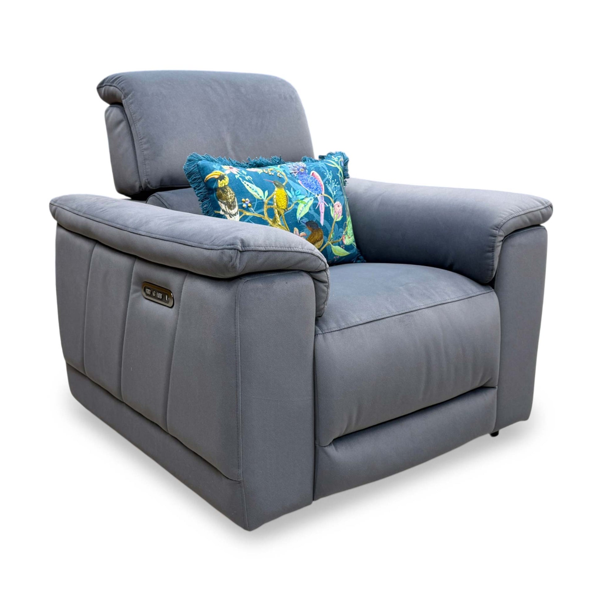 Rear perspective of the Genius chair, showing the neatly finished velvet back panels and the sturdy construction of the base.
