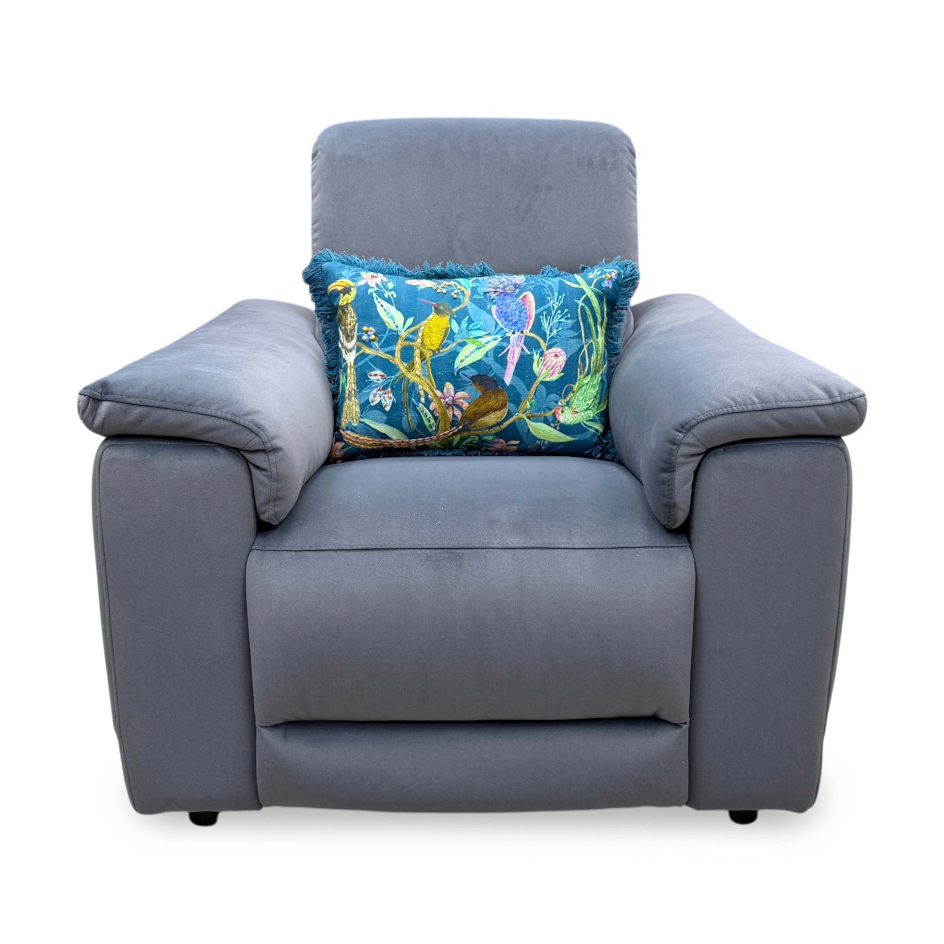 Front view of the Genius 'Bella' power recliner chair upholstered in Iron Grey velvet with a modern high-back design.