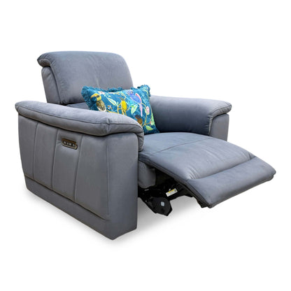 Full view of the Genius 'Bella' power recliner chair upholstered in Iron Grey velvet with a modern high-back design.