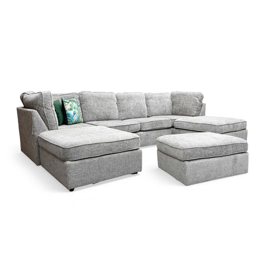'Emilia' Stone Woven Fabric Large U-Shaped Corner Sofa with Footstool