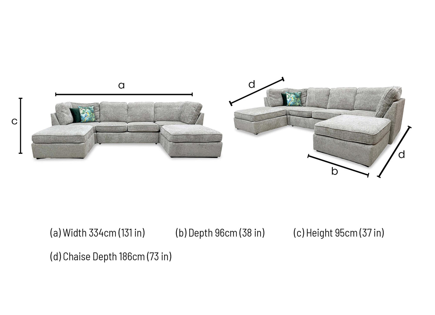 Dimensions diagram for the Emilia U-shaped sofa.
