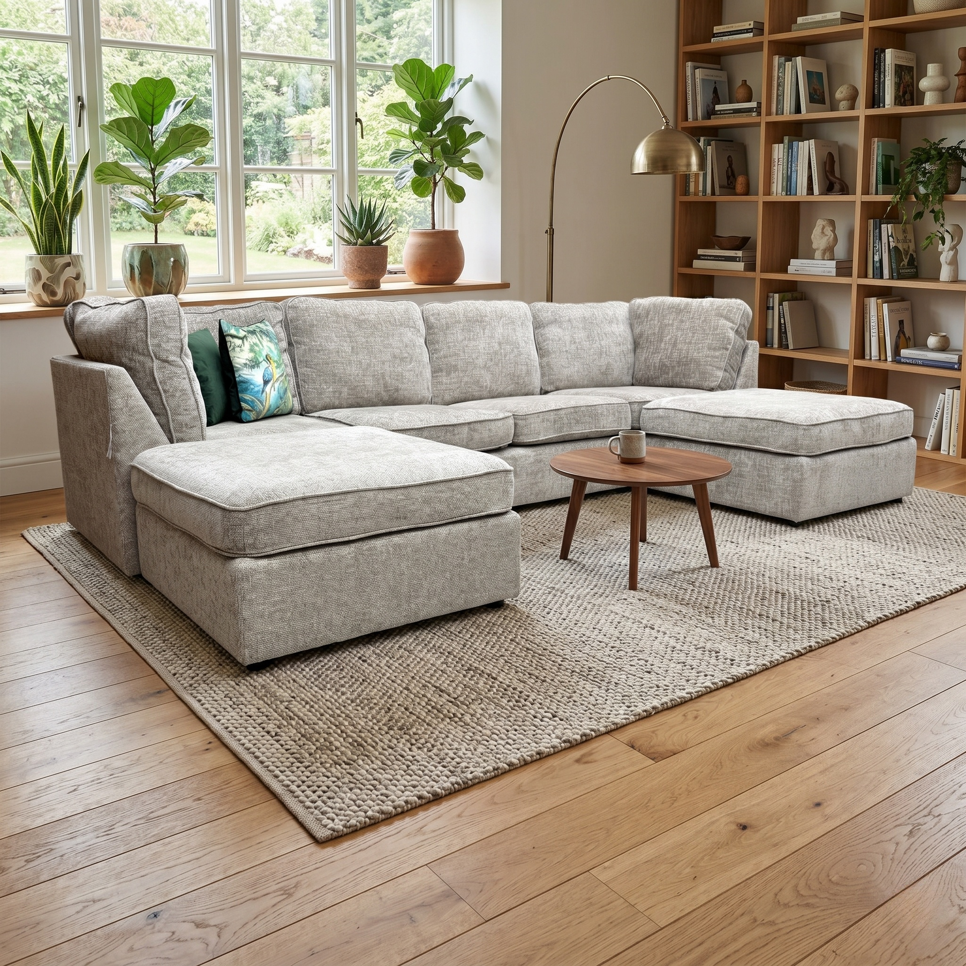 Living room of the left side of the U-shaped sofa, highlighting the deep seating area and the textured Stone grey woven upholstery.