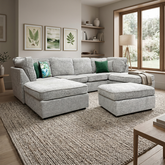 'Emilia' Stone Woven Fabric Large U-Shaped Corner Sofa with Footstool