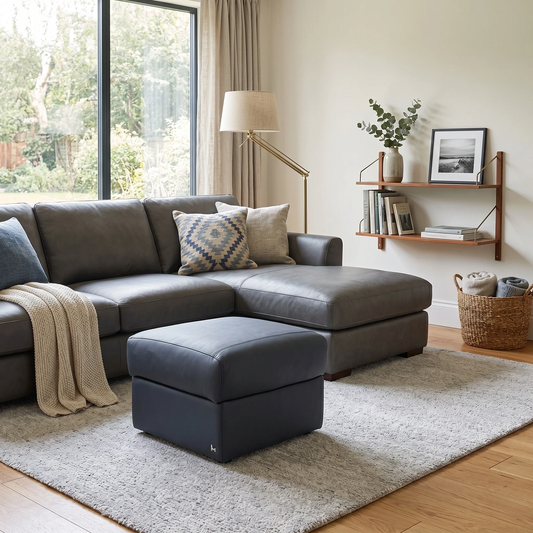 Living room of the Davide footstool, highlighting the clean lines and the high-quality tailoring of the leather panels.